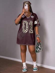 Slaydiva Plus Size Leopard Print Number 01 Graphic Casual Dress, Suitable For Summer Chic Dress - Multicolor - View 1
