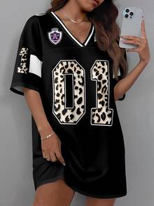 Slaydiva Gaun Kasual Ukuran Besar dengan Leher V dan Motif Angka, Cocok untuk Sehari-hari di Musim Panas - Hitam - View 3