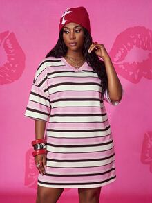 Slaydiva Plus Size Summer Casual Streetwear Sport Color Block Striped Dress Formal Vacation Evening White - Multicolor - View 5
