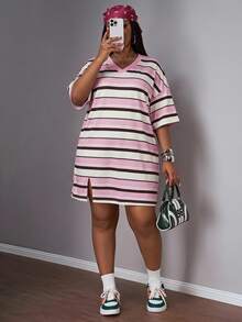 Slaydiva Plus Size Summer Casual Streetwear Sport Color Block Striped Dress Formal Vacation Evening White - Multicolor - View 1