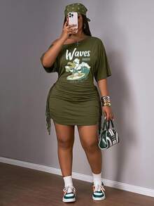 Slaydiva Plus Size Women's Letter Print Asymmetric Shoulder Batwing Sleeve Ruched Tassel Trim Fitted Dress Date Night Wedding Guest Vacation Army Green Autumn - Army Green - View 1