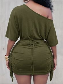 Slaydiva Plus Size Women's Letter Print Asymmetric Shoulder Batwing Sleeve Ruched Tassel Trim Fitted Dress Date Night Wedding Guest Vacation Army Green Autumn - Army Green - View 2