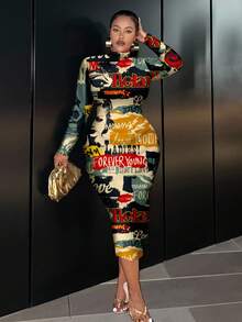 Slaydiva Vintage Poster Graphic Casual Minimalist Plus Size Long Sleeve Bodycon Dress, Suitable For Party Chic Dress Fall - Multicolor - View 3