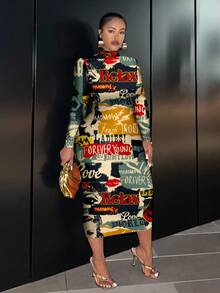 Slaydiva Vintage Poster Graphic Casual Minimalist Plus Size Long Sleeve Bodycon Dress, Suitable For Party Chic Dress Fall - Multicolor - View 4