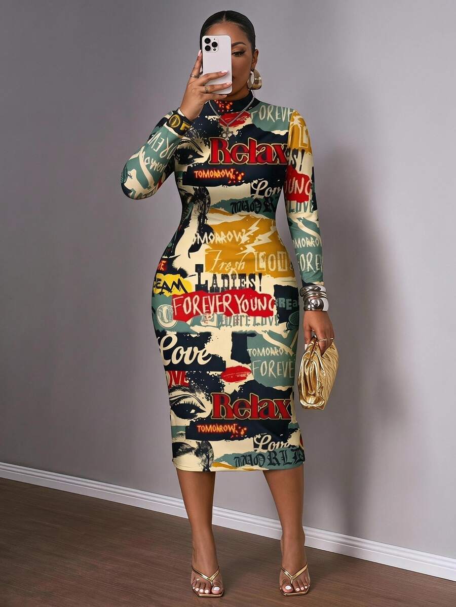 Slaydiva Vintage Poster Graphic Casual Minimalist Plus Size Long Sleeve Bodycon Dress, Suitable For Party Chic Dress Fall - Multicolor - View 1