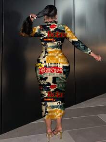 Slaydiva Vintage Poster Graphic Casual Minimalist Plus Size Long Sleeve Bodycon Dress, Suitable For Party Chic Dress Fall - Multicolor - View 2