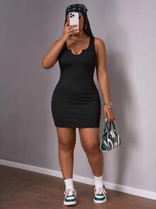 Slaydiva 2pcs/Set Plus Size Casual Minimalist Dresses, Black & Burgundy, Suitable For Summer - Multicolor - View 1