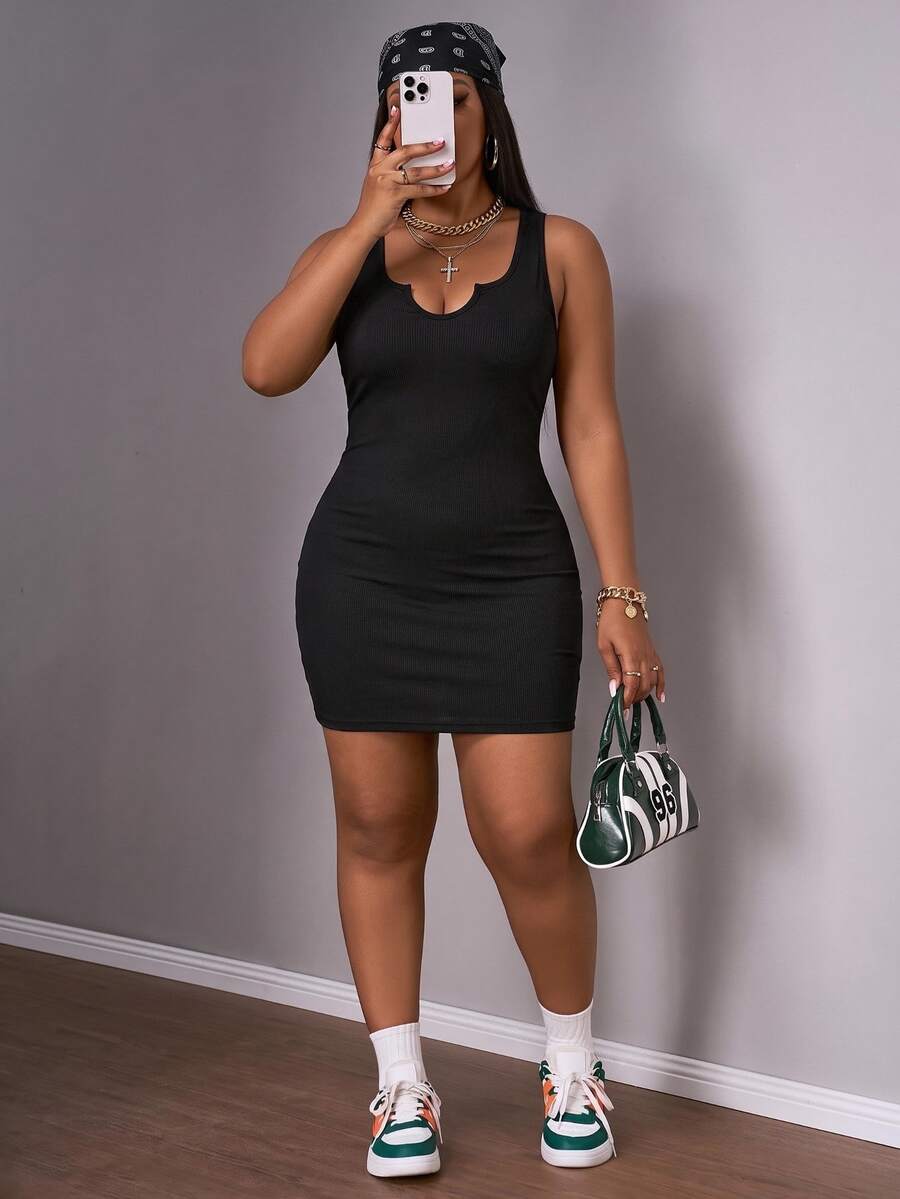 Slaydiva 2pcs/Set Plus Size Casual Minimalist Dresses, Black & Burgundy, Suitable For Summer - Multicolor - View 1