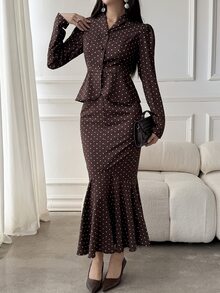 Livesso Autumn/Winter Brown Round Neck Long Sleeve Slim Fit Waist Top With High Waist Loose Wide Leg Pants Women 2 Pieces Set - Brown - View 2