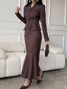 Livesso Autumn/Winter Brown Round Neck Long Sleeve Slim Fit Waist Top With High Waist Loose Wide Leg Pants Women 2 Pieces Set - Brown - View 4