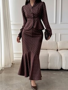 Livesso Autumn/Winter Brown Round Neck Long Sleeve Slim Fit Waist Top With High Waist Loose Wide Leg Pants Women 2 Pieces Set - Brown - View 3