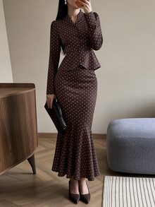 Livesso Autumn/Winter Brown Round Neck Long Sleeve Slim Fit Waist Top With High Waist Loose Wide Leg Pants Women 2 Pieces Set - Brown - View 1