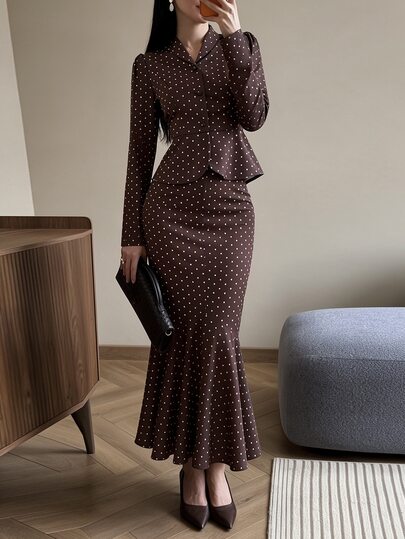 Livesso Women's Polka Dot Long Sleeve Top And Skirt Casual 2 Pieces Set
