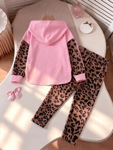Elladie kids 2件組少女套裝，粉色連帽拼色豹紋長袖上衣與豹紋內搭褲，柔軟休閒少女秋季運動套裝 - 彩色 - 查看 2