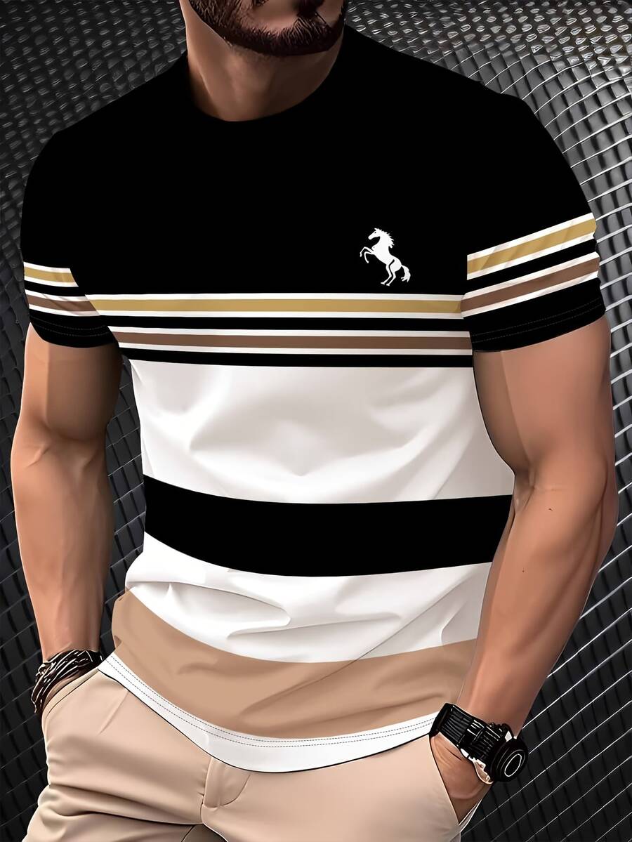 ZURIURI Men's Crew Neck Short Sleeve Striped Print Pattern Business Casual T-Shirt - Multicolor - View 1