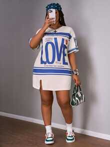 Slaydiva Plus Size Early Summer Vacation Casual White Side Slit Drop Shoulder Short Sleeve Dress Cycling Semi Formal - Royal Blue - View 6