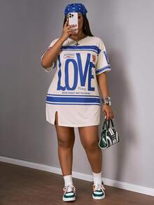 Slaydiva Plus Size Early Summer Vacation Casual White Side Slit Drop Shoulder Short Sleeve Dress Cycling Semi Formal - Royal Blue - View 1