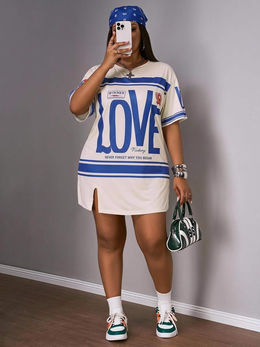 Slaydiva Plus Size Early Summer Vacation Casual White Side Slit Drop Shoulder Short Sleeve Dress Cycling Semi Formal - Royal Blue - View 1