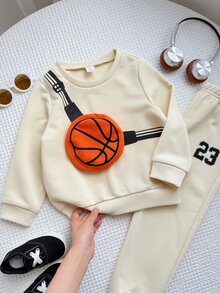 SHEIN 2件組兒童小男孩杏色寬鬆休閒舒適圓領運動衫套裝，3D籃球圖案設計，適合外出、運動、街頭風、返校、秋季穿搭秋裝 - 杏色 - 查看 4