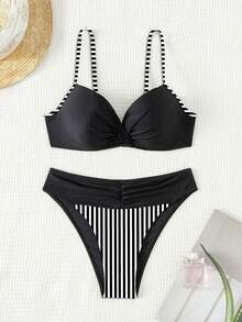 SHEIN Swim Women's Summer Beach Striped Crossed Front Sexy Bikini Set, Random Prints - Black and White - View 3