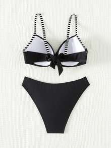 SHEIN Swim Women's Summer Beach Striped Crossed Front Sexy Bikini Set, Random Prints - Black and White - View 4