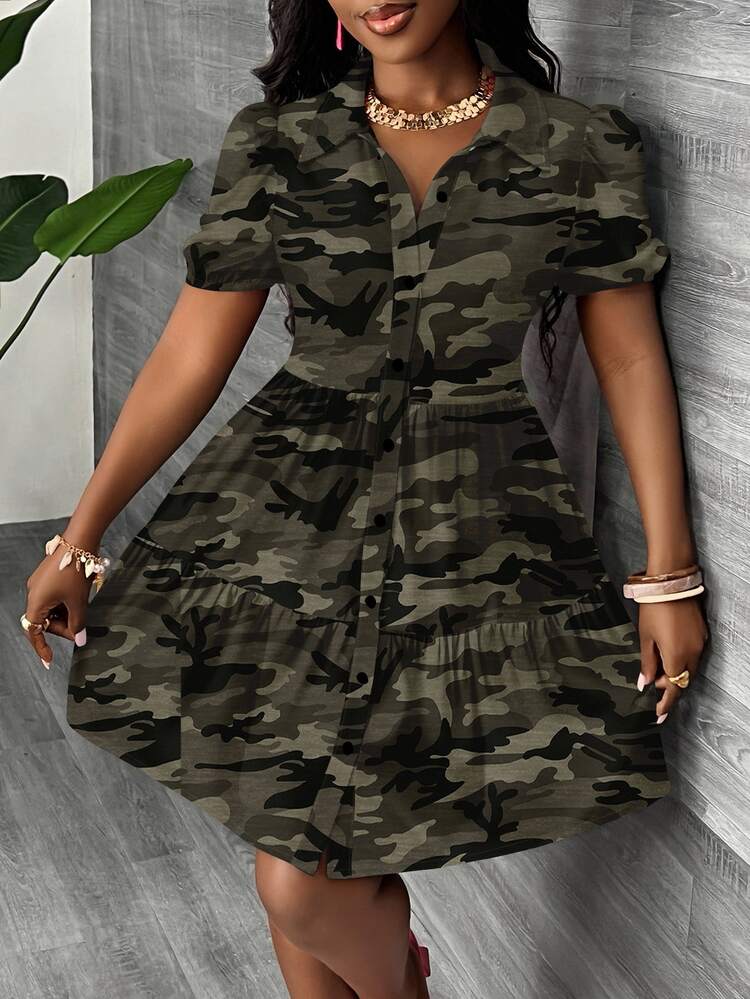 Slaydiva Plus Size Camo Print Summer Dress Suitable For Going Out Chic Dress - Army Green - View 4