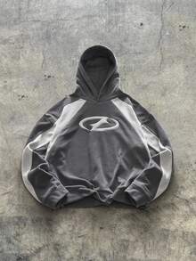 Mainfolk AXEPEAK 男士休闲蓬松运动撞色拼接赛车连帽衫，秋冬款，长袖上衣，Y2K - 淺灰紫 - 查看 3