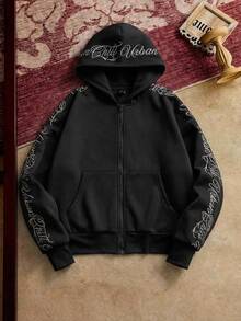 Mainfolk Men's Knitted Fashion Daily Casual Loose Embroidered English Text Hoodie, Fall, Winter, Couple Things, Long Sleeve Top - Black - View 3