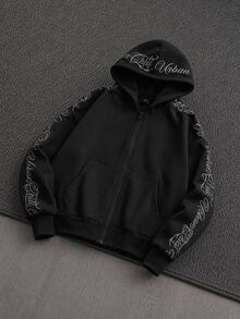 Mainfolk Men's Knitted Fashion Daily Casual Loose Embroidered English Text Hoodie, Fall, Winter, Couple Things, Long Sleeve Top - Black - View 2