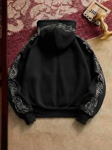 Mainfolk Men's Knitted Fashion Daily Casual Loose Embroidered English Text Hoodie, Fall, Winter, Couple Things, Long Sleeve Top - Black - View 4