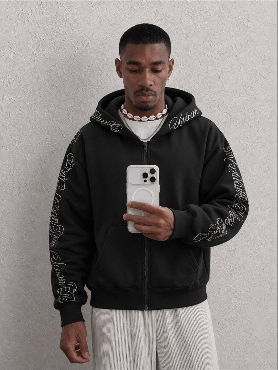 Mainfolk Men's Knitted Fashion Daily Casual Loose Embroidered English Text Hoodie, Fall, Winter, Couple Things, Long Sleeve Top - Black - View 1