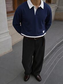 Mainfolk Men Letter Patched Detail 2 In 1 Polo Shirt, Fall, Couple Things, Long Sleeve Top - Blue and White - View 1