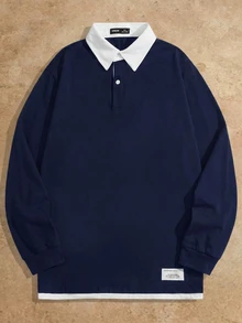 Mainfolk Men Letter Patched Detail 2 In 1 Polo Shirt, Fall, Couple Things, Long Sleeve Top - Blue and White - View 3