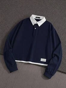 Mainfolk Men Letter Patched Detail 2 In 1 Polo Shirt, Fall, Couple Things, Long Sleeve Top - Blue and White - View 2