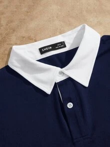 Mainfolk Men Letter Patched Detail 2 In 1 Polo Shirt, Fall, Couple Things, Long Sleeve Top - Blue and White - View 5