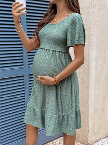 SHEIN Summer Outfits,Dark Green Knitted Jacquard Nursing Dress For Pregnant Women,Nursing Dresses - Green - View 3