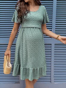 SHEIN Summer Outfits,Dark Green Knitted Jacquard Nursing Dress For Pregnant Women,Nursing Dresses - Green - View 5