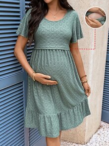 SHEIN Summer Outfits,Dark Green Knitted Jacquard Nursing Dress For Pregnant Women,Nursing Dresses - Green - View 1