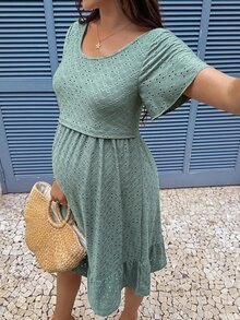 SHEIN Summer Outfits,Dark Green Knitted Jacquard Nursing Dress For Pregnant Women,Nursing Dresses - Green - View 6