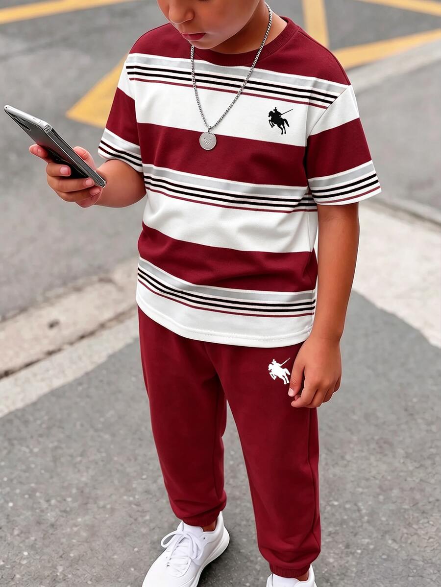 Tween Boy Knight Graphic Patchwork Short Sleeve T-Shirt And Long Pants Casual Daily Outfit - Multicolor - View 1