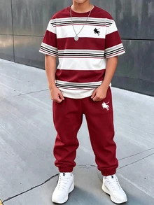 Tween Boy Knight Graphic Patchwork Short Sleeve T-Shirt And Long Pants Casual Daily Outfit - Multicolor - View 4