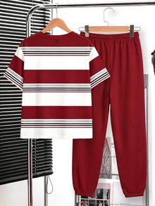 Tween Boy Knight Graphic Patchwork Short Sleeve T-Shirt And Long Pants Casual Daily Outfit - Multicolor - View 2