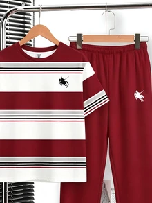 Tween Boy Knight Graphic Patchwork Short Sleeve T-Shirt And Long Pants Casual Daily Outfit - Multicolor - View 5