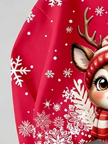 (1 Set)Young Girls Cute Cartoon Deer Plaid Scarf Christmas Tree Bow Snowflake Round Neck Sweatshirt With Leggings, Fall Winter - Multicolor - View 6