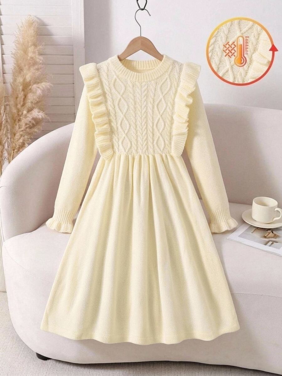 SHEIN Tween Girl Tween Girl Casual Elegant Frill Twist Textured Knit Long Sleeve Autumn Dress Camel Color - Camel - View 1