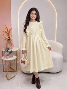 SHEIN Tween Girl Tween Girl Casual Elegant Frill Twist Textured Knit Long Sleeve Autumn Dress Camel Color - Camel - View 8