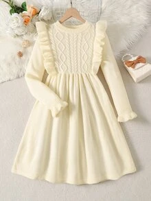 SHEIN Tween Girl Tween Girl Casual Elegant Frill Twist Textured Knit Long Sleeve Autumn Dress Camel Color - Camel - View 7