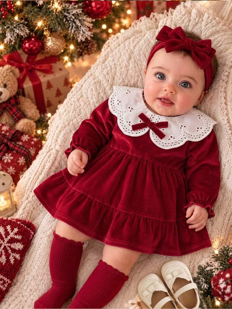 SHEIN 1pc Toddler Girl Velvet Dress Elegant Sweet Burgundy Lace Eyelet Bow Ruffle Long Sleeve Peter Pan Collar Regular Fall Winter Holiday Chic - Red - View 1