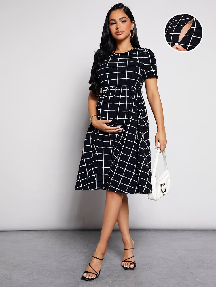 MaterniWear Maternity Grid Print Flare Hem Nursing Dress - Black and White - View 2