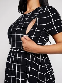 MaterniWear Maternity Grid Print Flare Hem Nursing Dress - Black and White - View 6